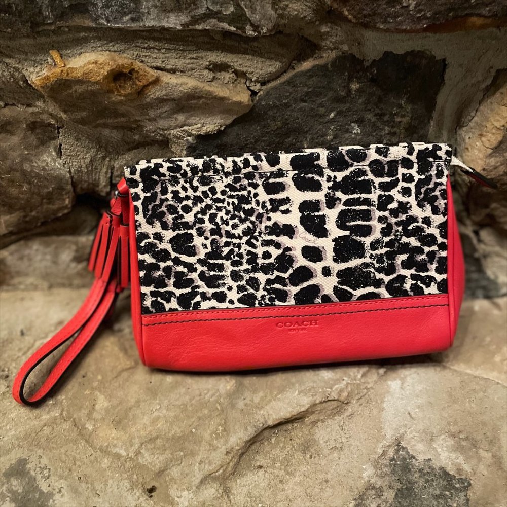 COACH Red Medium Sized Wristlet with Black/Ivory Animal Print